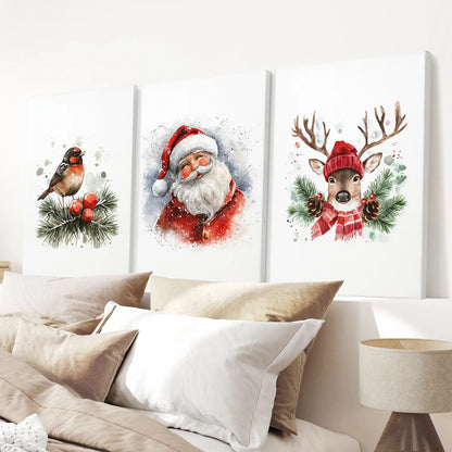 Watercolor reindeer and robin prints with Christmas pine branches, holiday wall art set. Stretched canvas for bedroom.