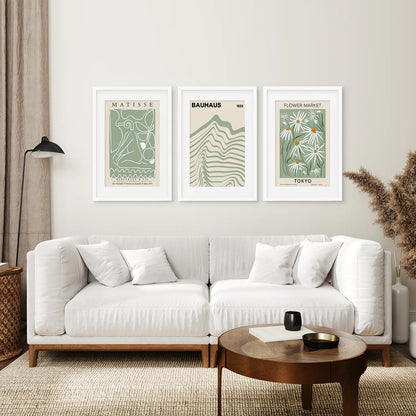 Modern Flower Market Tokyo Art Decor Prints. White Frames with Mat Over the Coach.