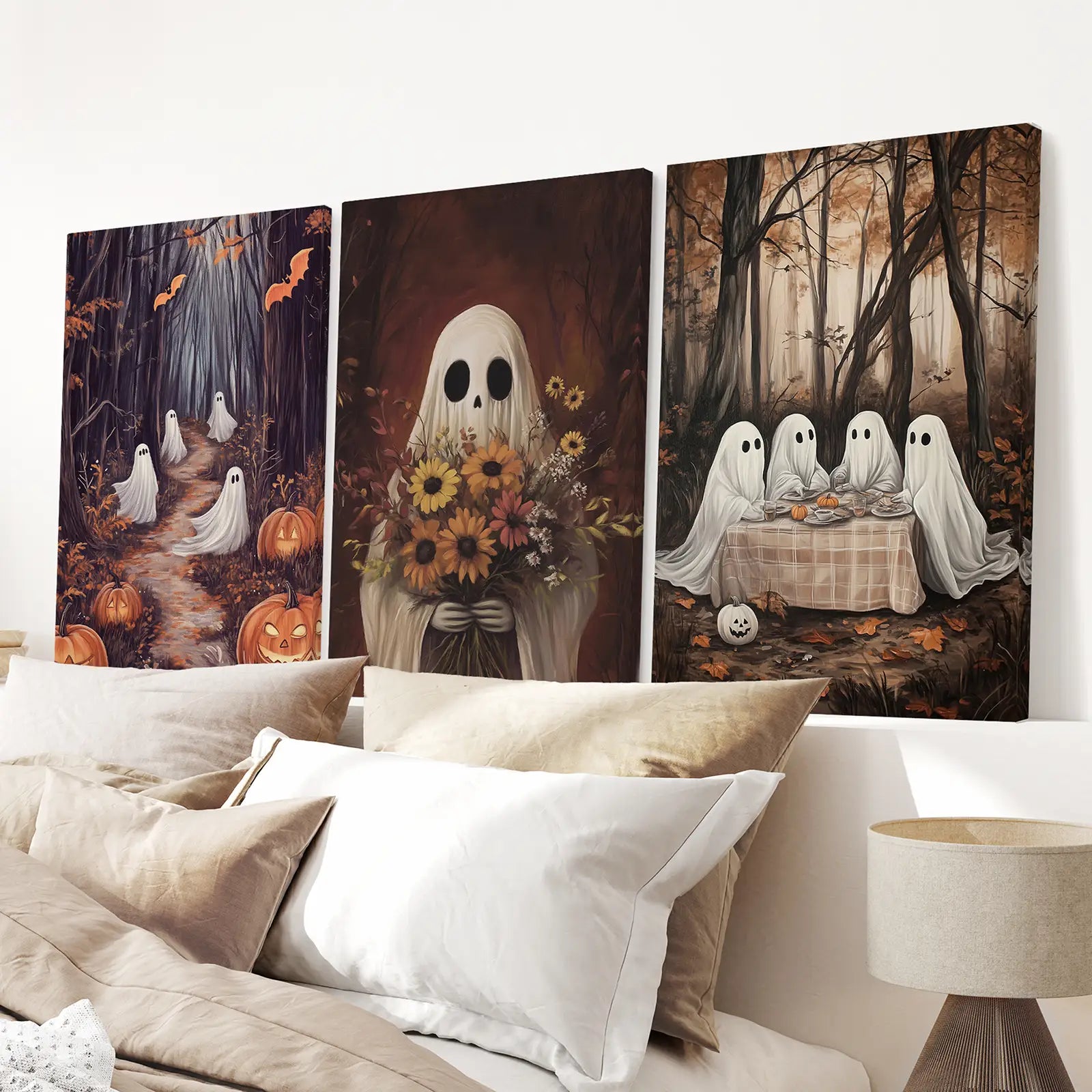 Ghosts Pumpkins Bats Halloween Wall Art Print Set. Stretched Canvas for Bedroom.