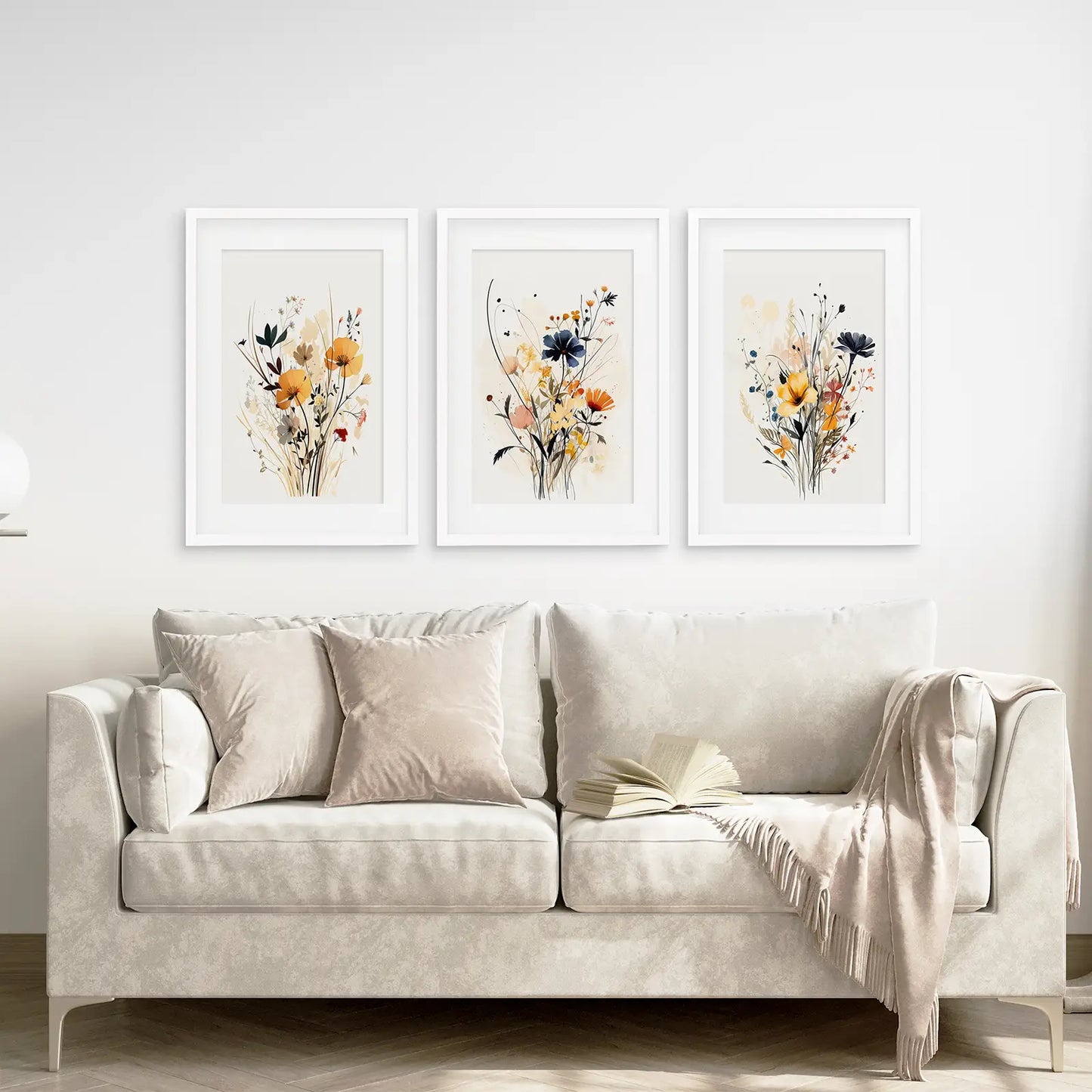 Modern Abstract Flower Print Posters Decor. White Frames with Mat Above the Sofa.