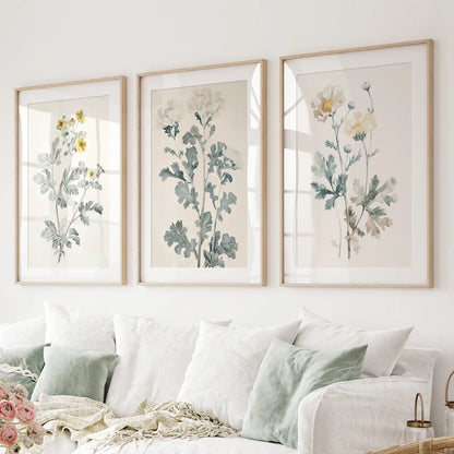 Wild Flowers Watercolor Modern Decor Prints. Thinwood Frames with Mat Over the Couch.