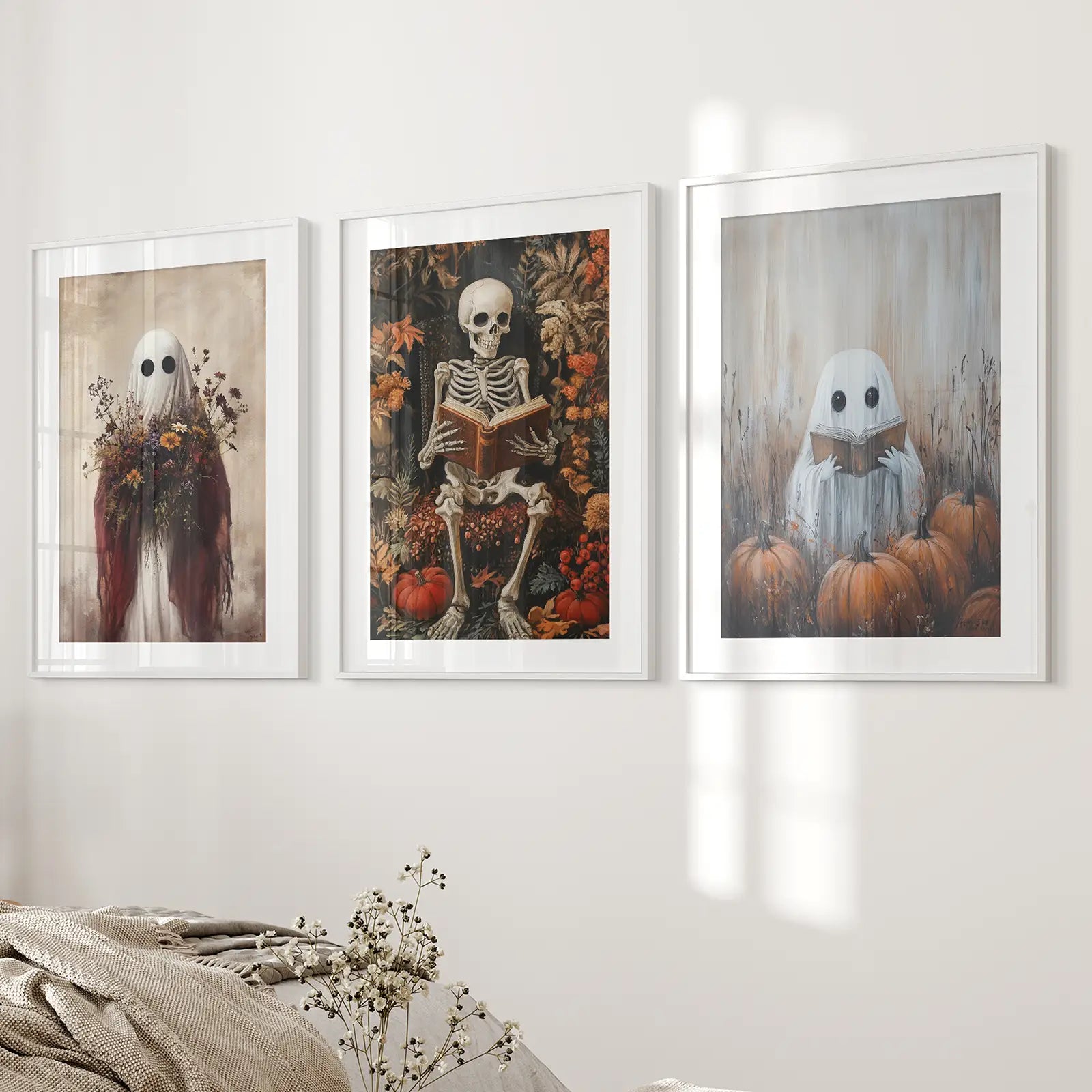 Halloween Gift Idea Best Selling Wall Art Poster Decor. White Fraes with Mat Above the Bed.