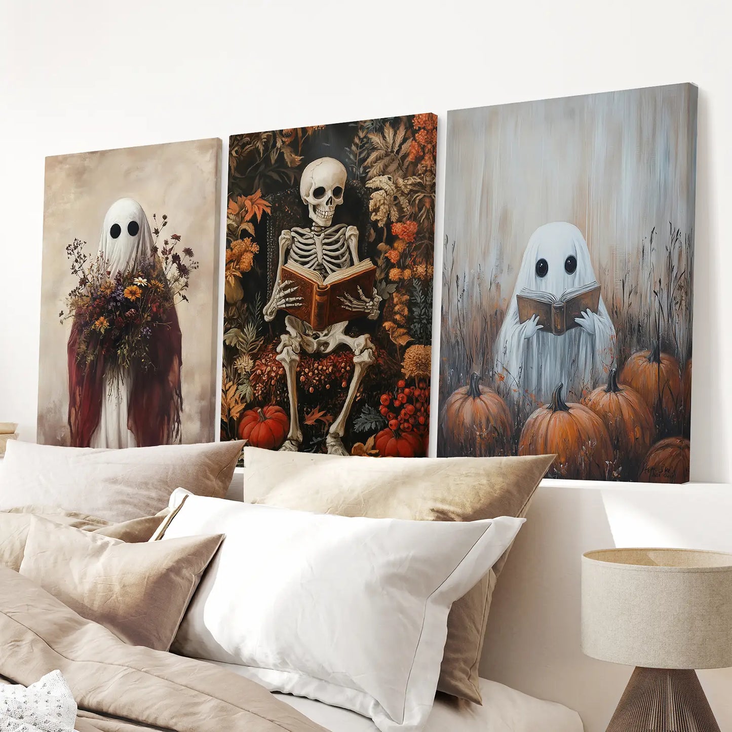 Skull Dark Academia Modern Wall Art Print Poster Set. Stretched Canvas Over the Bed.