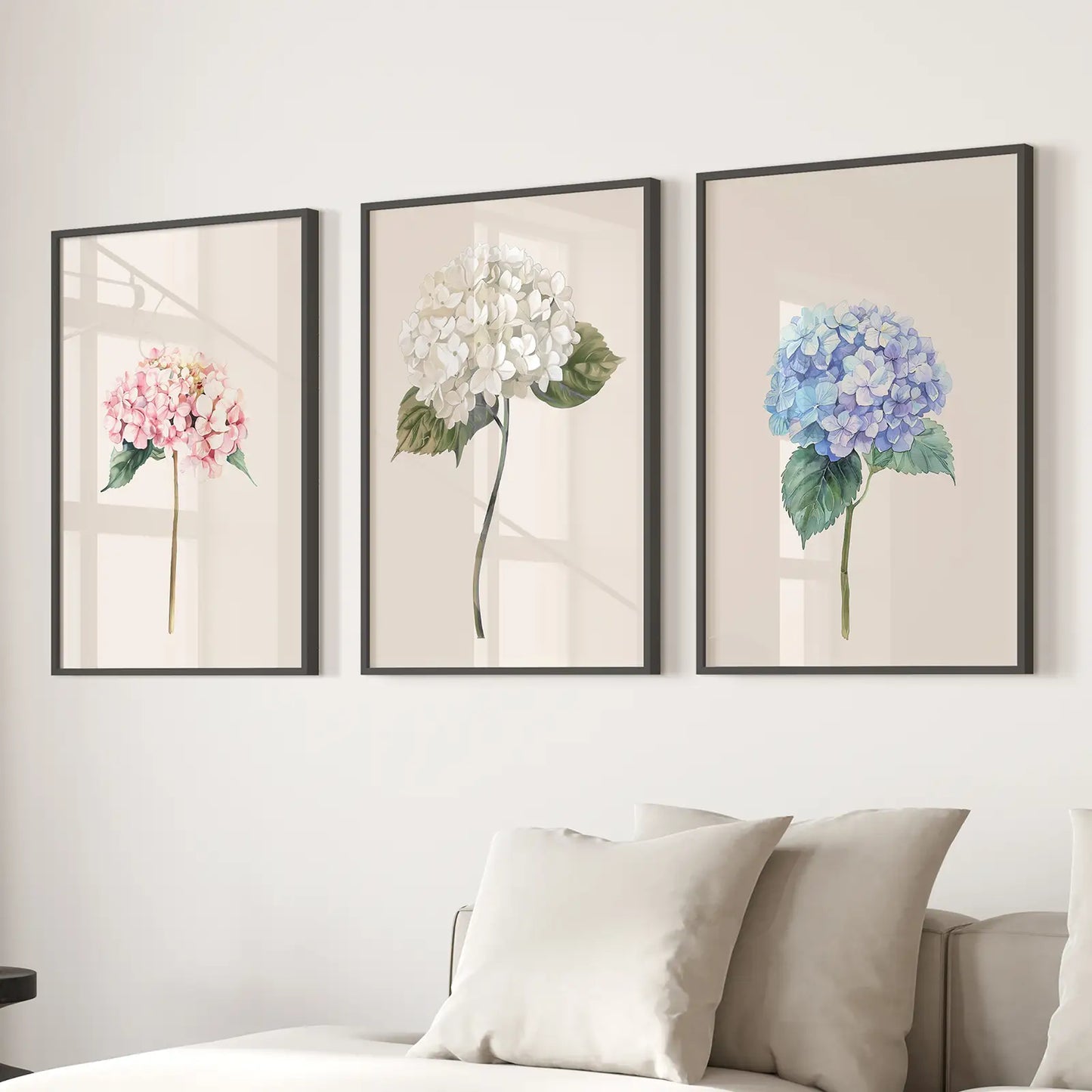 Vintage Floral Watercolor Set of 3 Art Poster. Black Frames for Living Room.