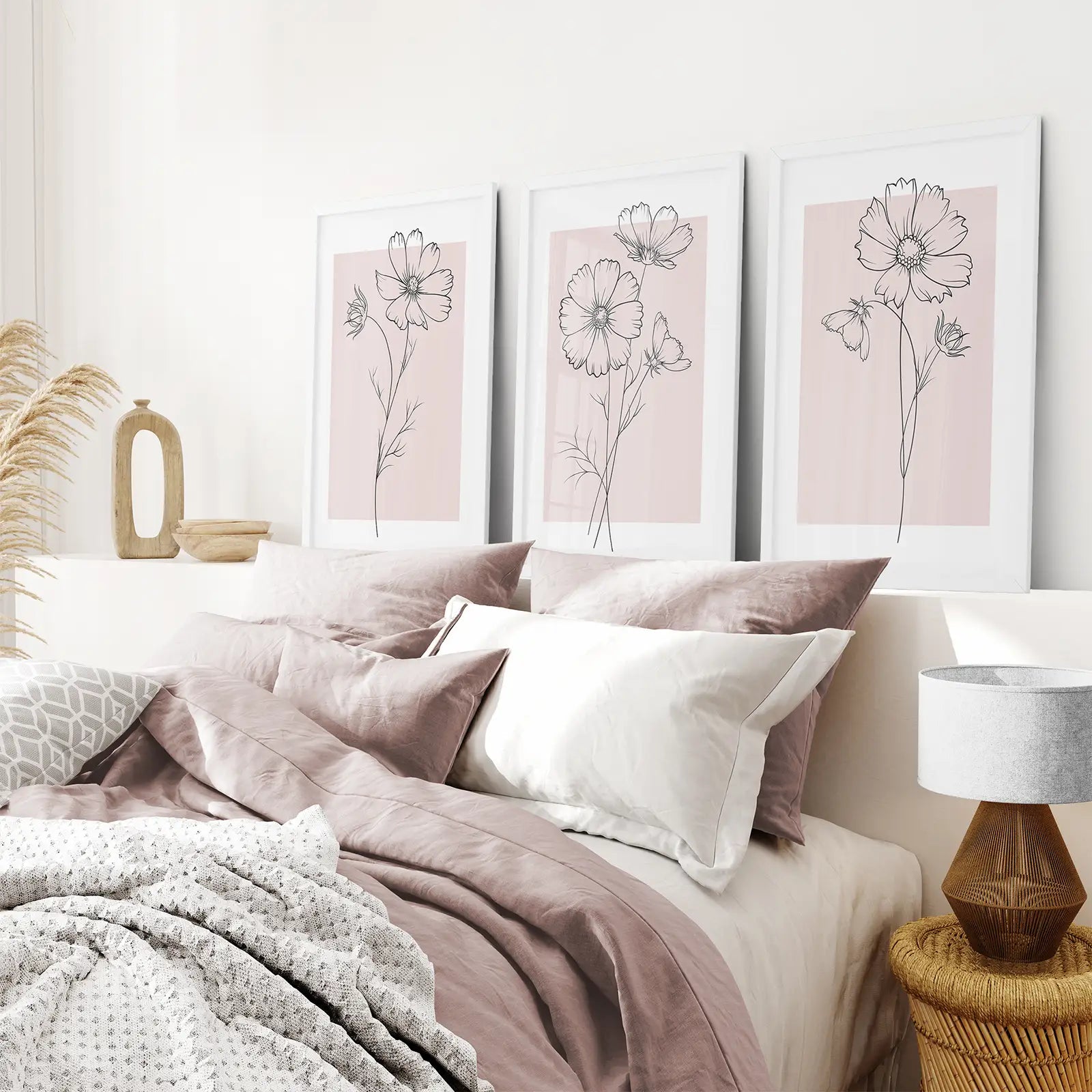 Botanical Line Art Minimalistic Poster Set. White Frames Over the Bed.