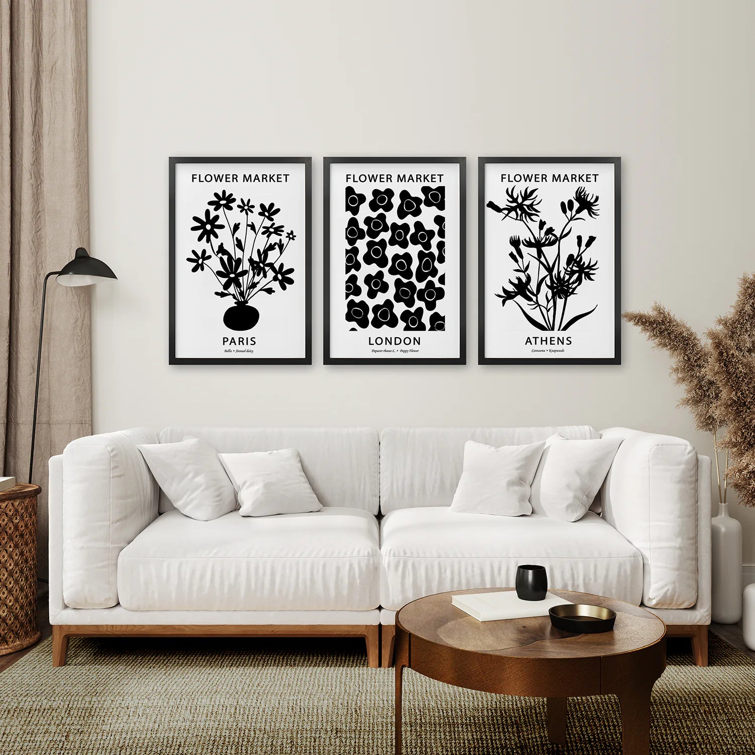 Minimalist Botanical Art Set Decor. Black Frames for Living Room.