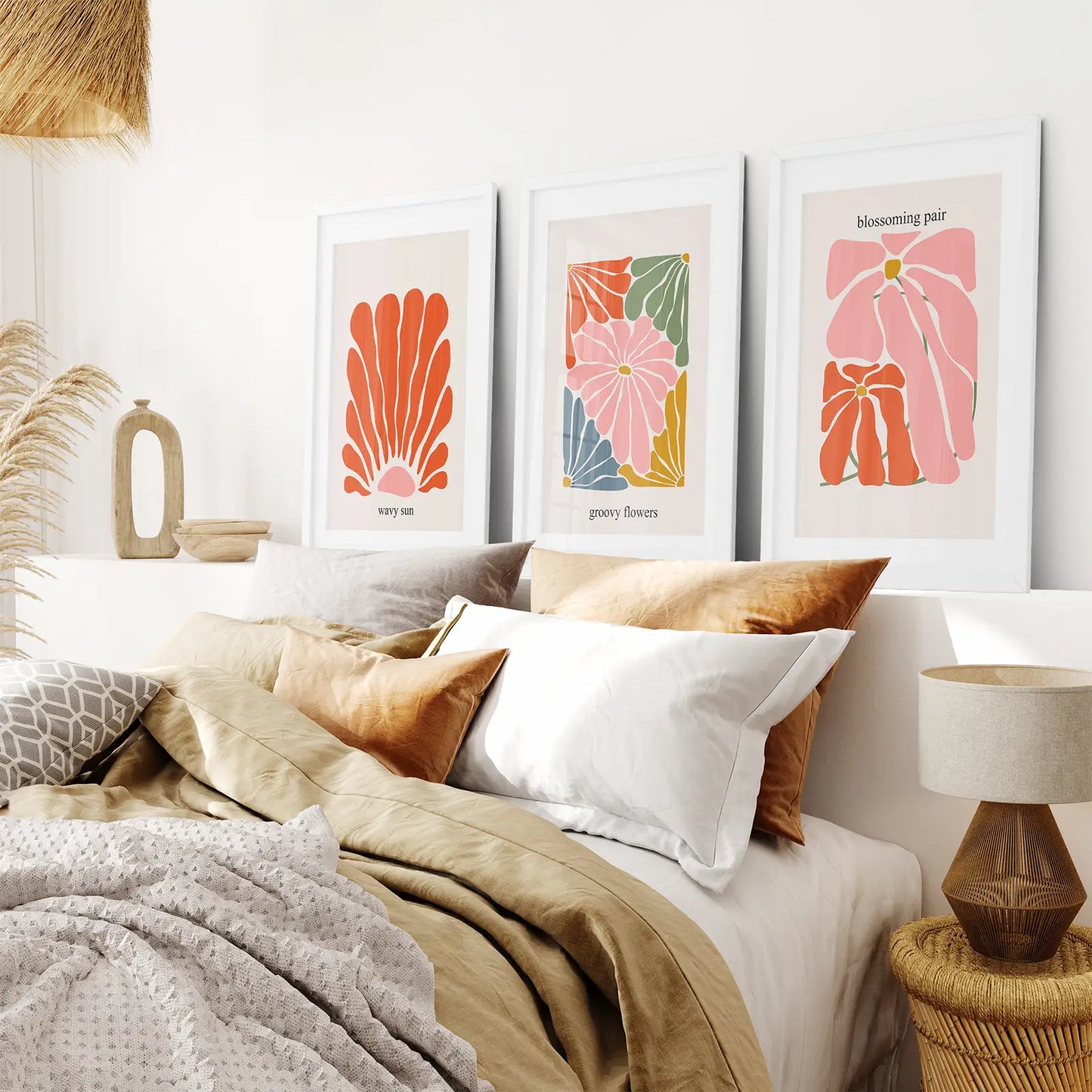 Colorful Wall Art Floral Modern Print Posters. White Frames with Mat Over the Bed.