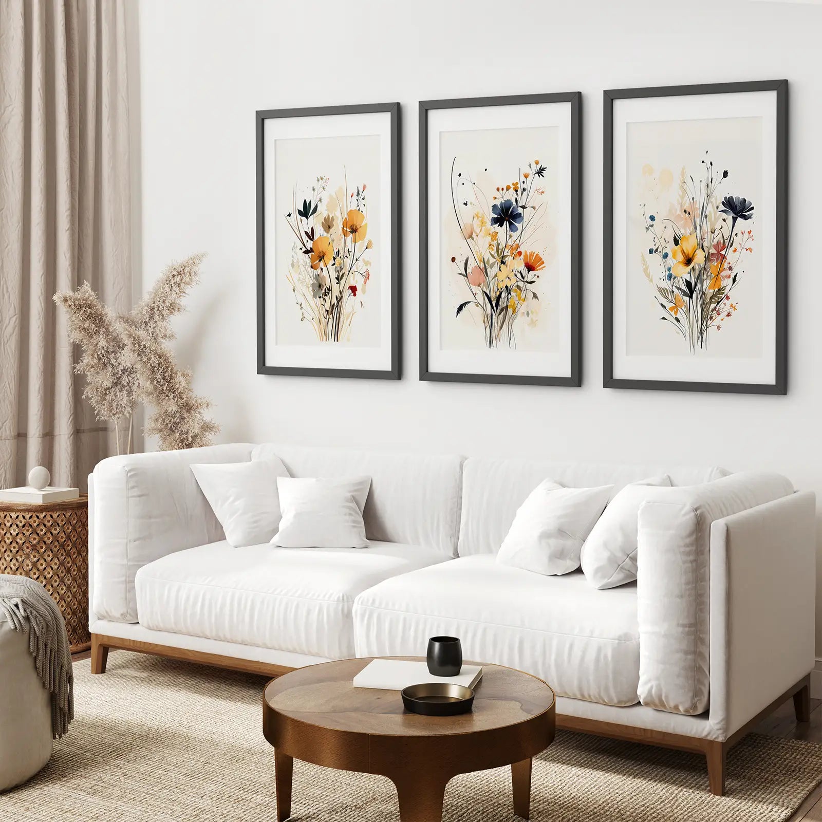 Watercolor Wall Art Living Room Decor. Black Frames with Mat Over the Coach.