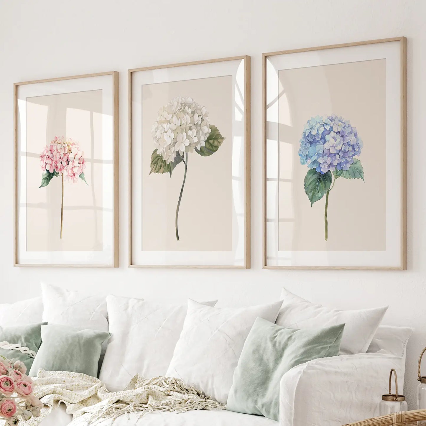 Hydrangea Posters Gift For Mom Dorm Wall Art. Thinwood Frames with Mat over the Couch.