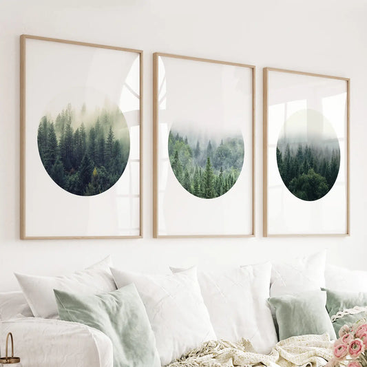 Nordic Forest Circle Wall Art. Set of 3 Scandinavian Prints