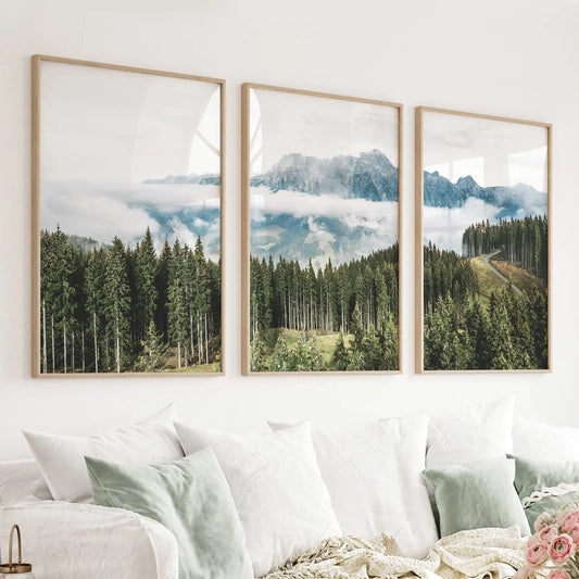 Green Pine Tree Forest. Blue Foggy Mountains. Set of 3 Prints