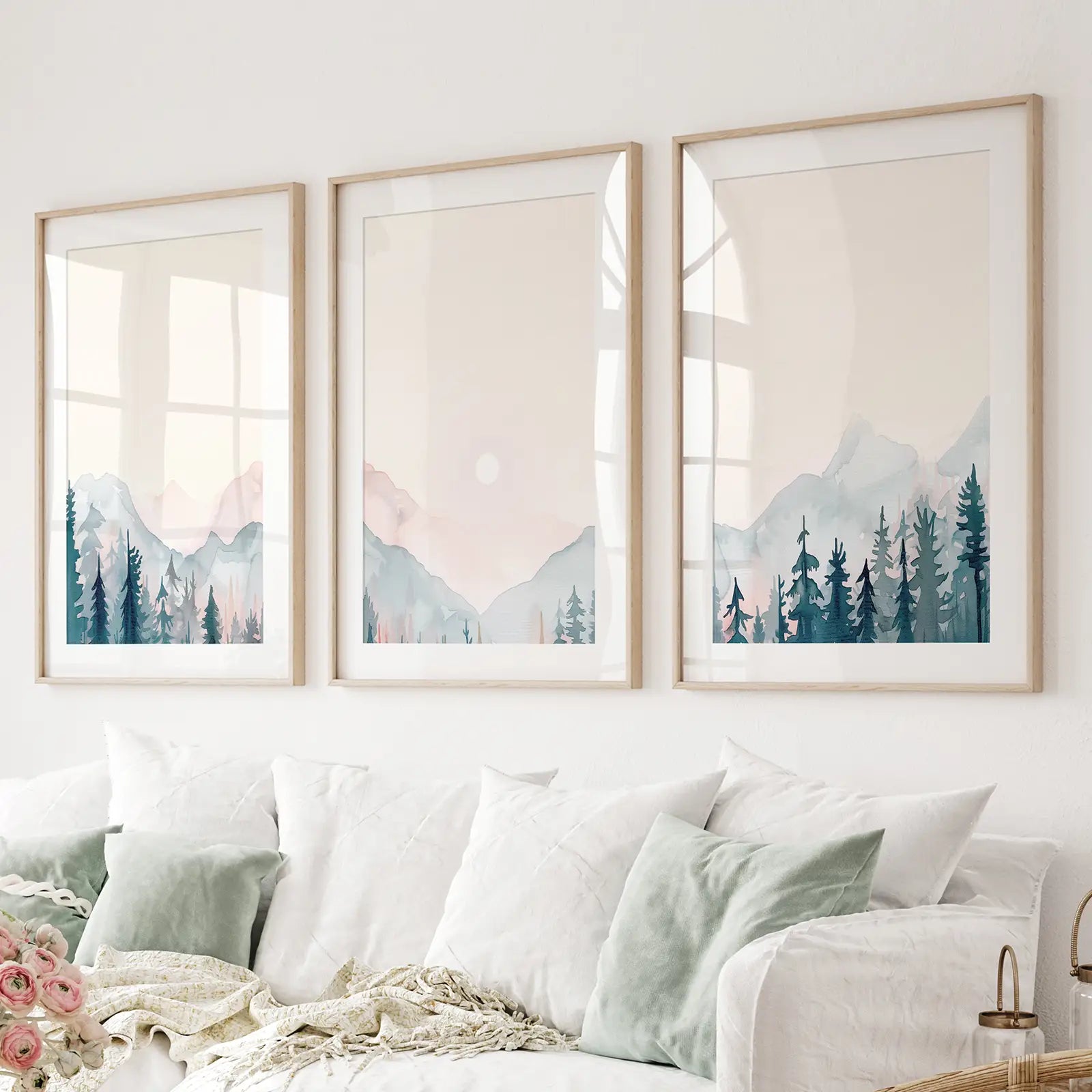 Bedroom or Living Room Decor Poster Set. Thinwood Frames with Mat Over the Couch.