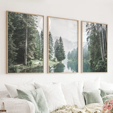 Load image into Gallery viewer, Green Forest River with Trees and Mountain. 3 Piece Wall Art
