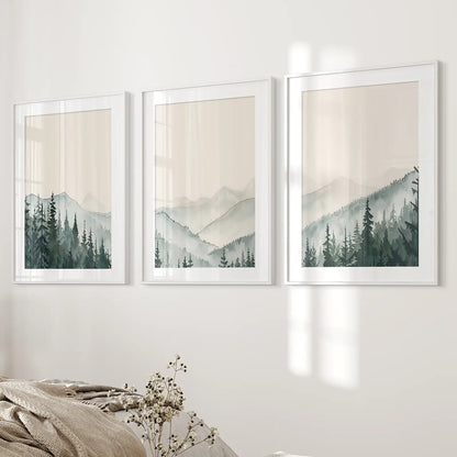 Printable Wall Art Misty Forest Landscape Poster. White Frames with Mat for Bedroom.