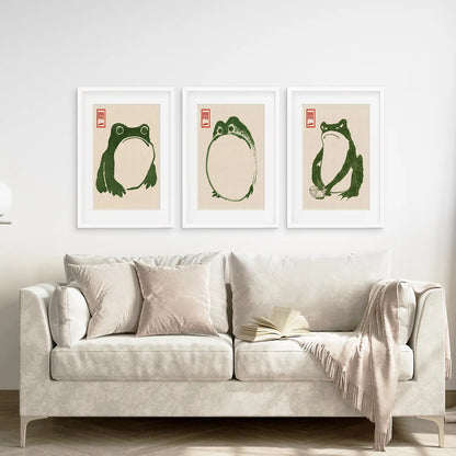 Best Selling Japanese Living Room Decor Set. White Frames with Mat Above the Sofa.