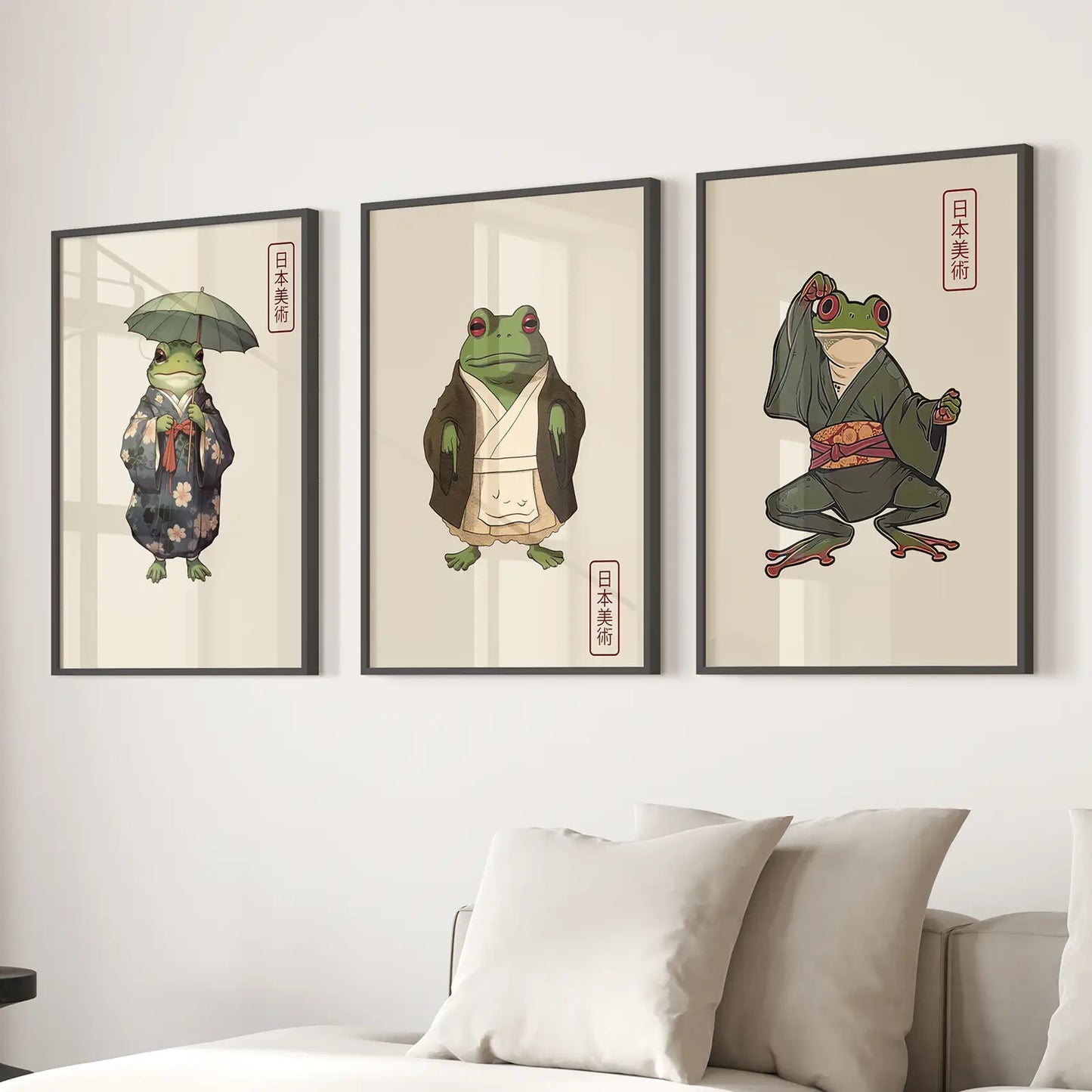 Set of 3 Art Prints Japandi Art Decor Set. Black frames for Living Room.