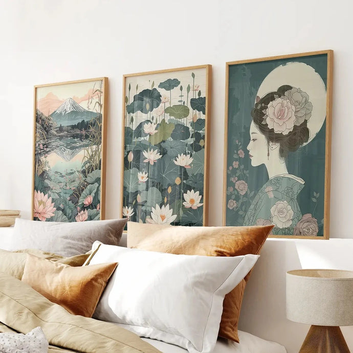 Japanese Wall Art Gifts Room Decor Poster. Thinwood Frames Over the Bed.