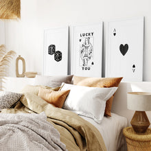 Load image into Gallery viewer, Playing Card Art Set. Modern Black Posters. White Frames with Mat Over the Bed.
