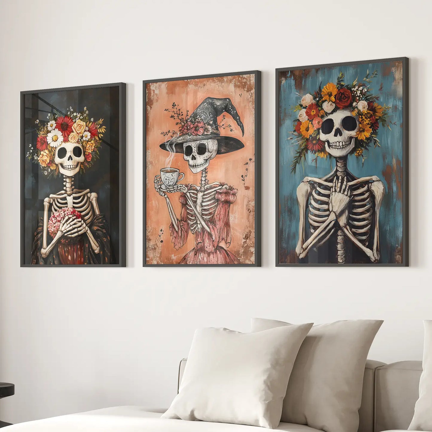 Vintage Halloween Wall Decor Fall Holiday Art Poser. Black Frames Above the Sofa.