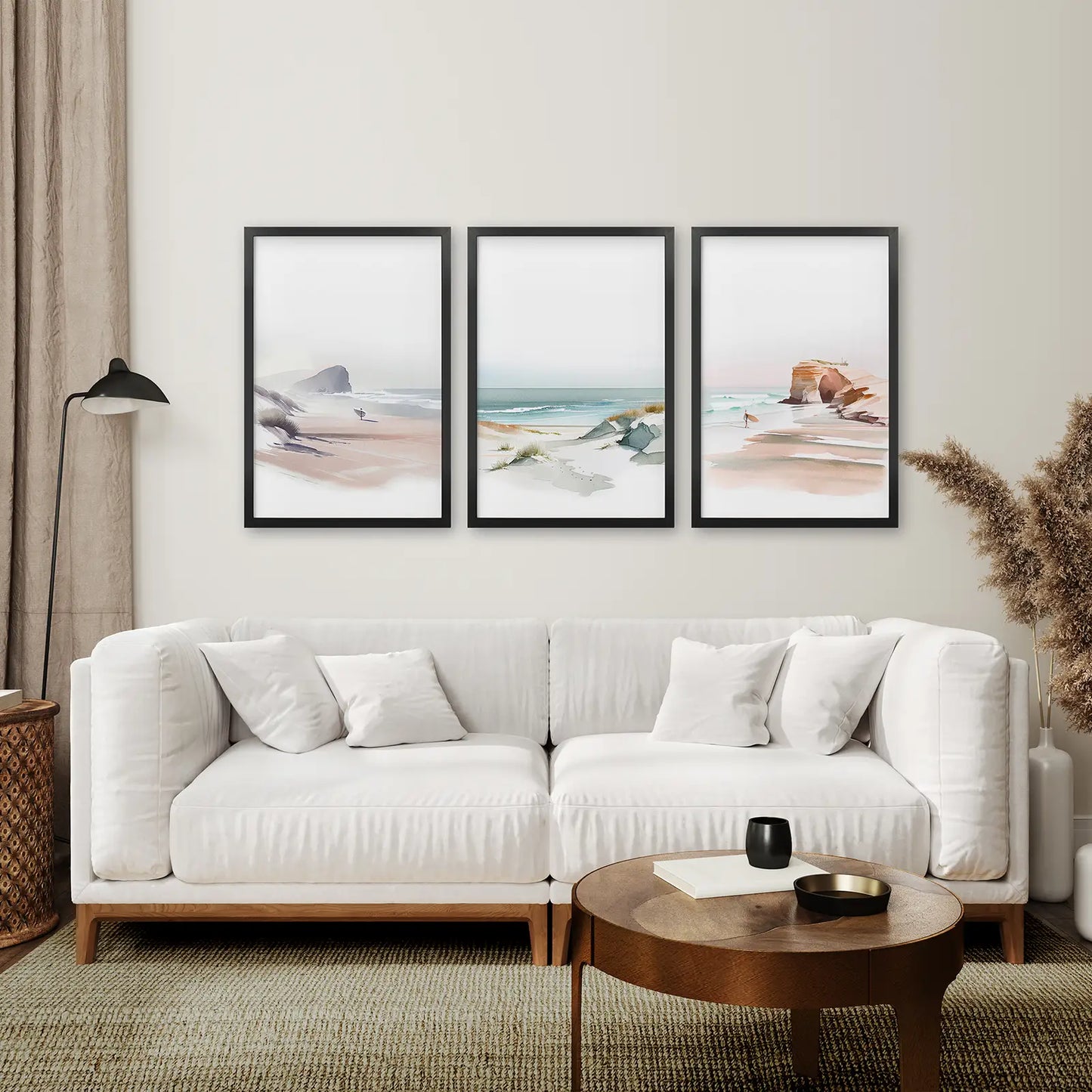 Beach Scene Neutral Watercolor Prints. Black Frames Over the Couch.