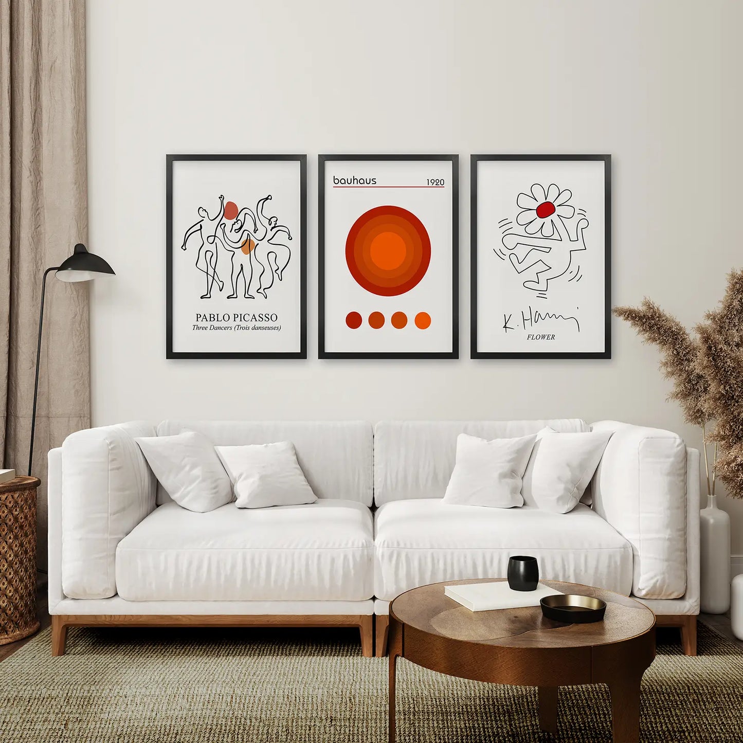 Orange Wall Art Abstract Poster Decor. Black Frames Above the Sofa.