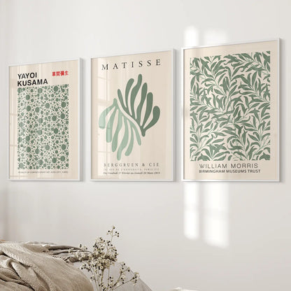 Vintage Flowers Sage Green Printable Wall Art. White Frames Over the Bed.