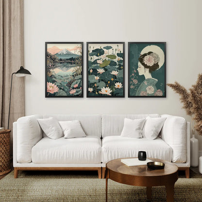 Japanese Style Modern Home Decor Print Set. Black Frames Over the Couch.