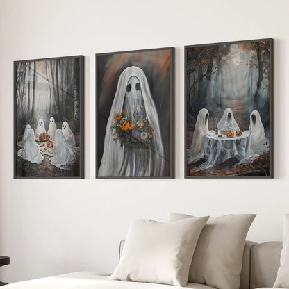 Ghost in the Woods with Pumpkins Creepy Wall Art. Black Frames for Living Room.