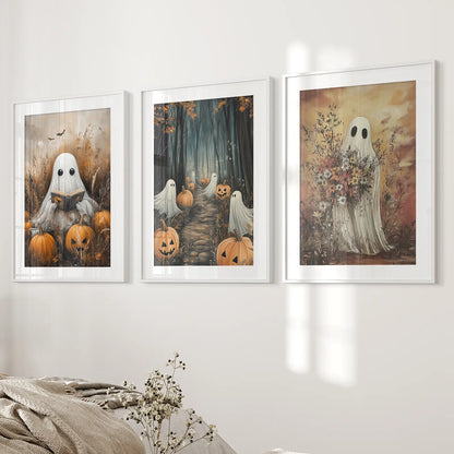 Scary Pumpkin Set Apartment Decor Wall Poster. White Frames with Mat for Bedroom.