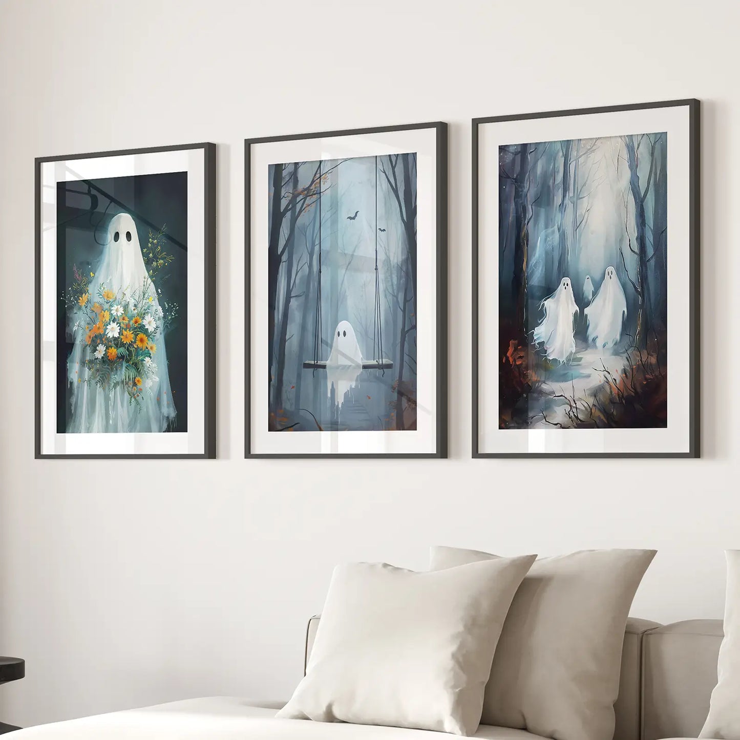 Halloween Foggy Forest Wall Art Room Decor Prints. Black Frames with Mat Over the Couch.