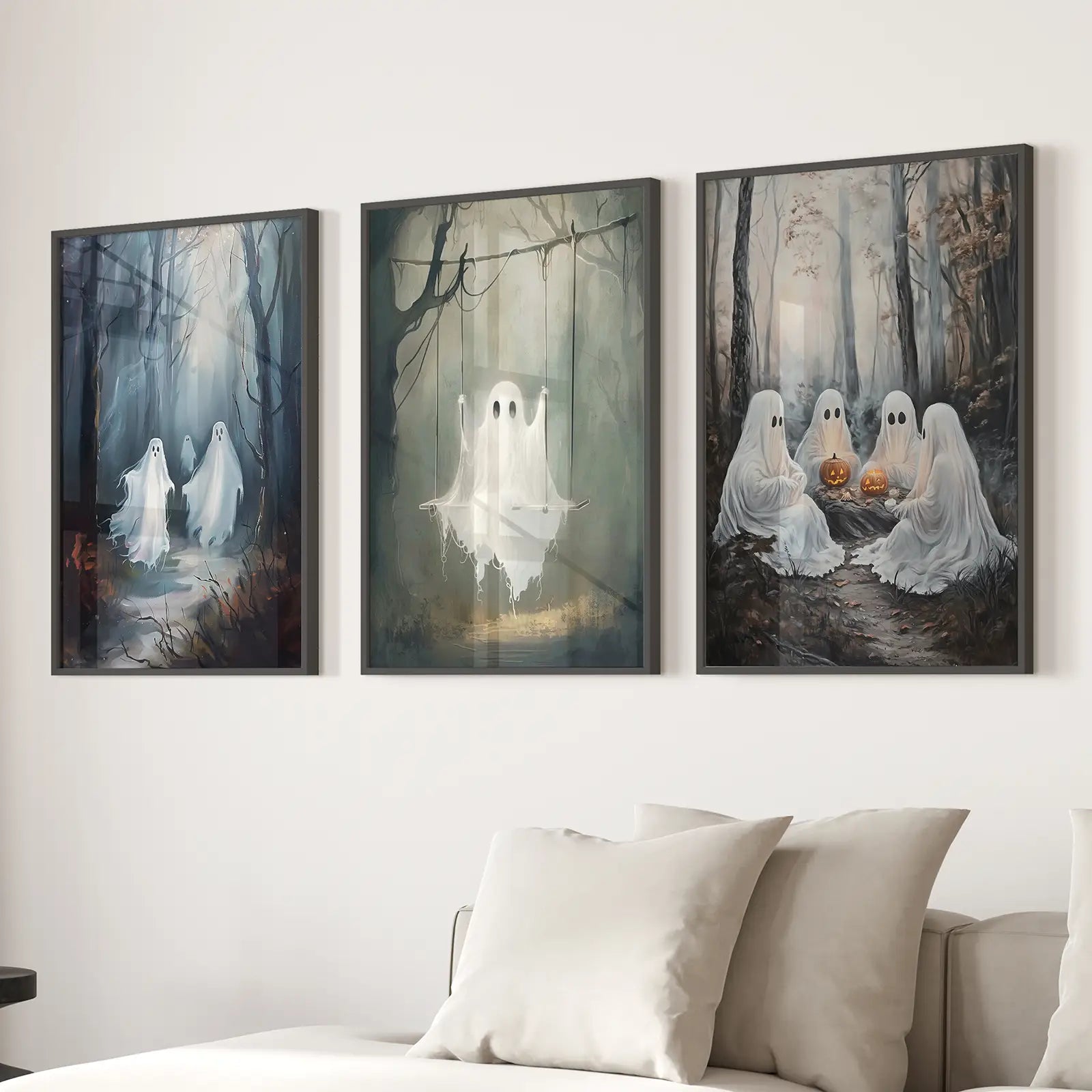 Haunting Ghost Autumn Holiday Decor Poster Set. Black Frames for Living Room.