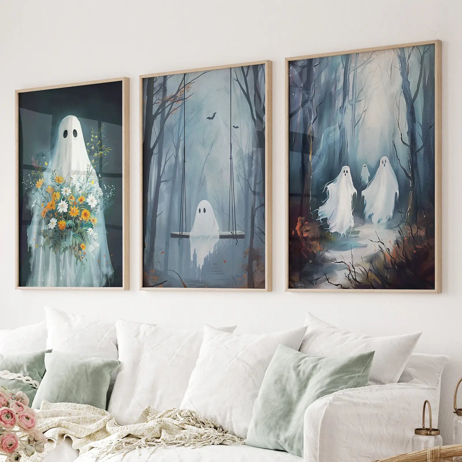 Floral Ghost Seasonal Holiday Poster Art Decor. Thinwood Frames Above the Sofa.