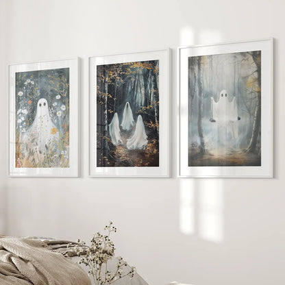 Autumn Season Holiday Decor Poster Set. White Frames with Mat Over the Bed.