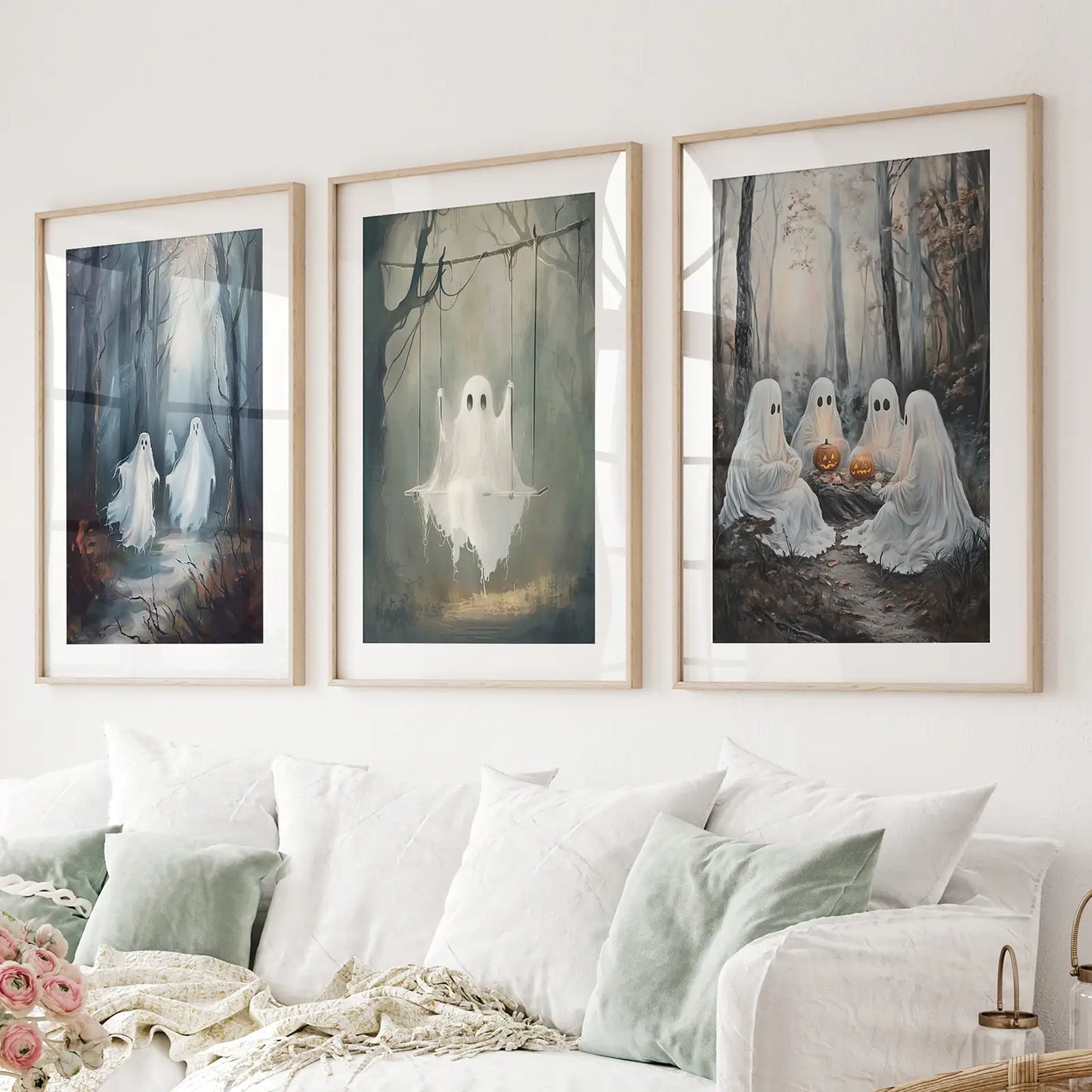 Spooky Halloween Decoration Wall Art Print Set. Thinwood Frames with Mat Over the Couch.