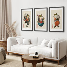 Load image into Gallery viewer, Japanese Frog Print Trendy Wall Art Living Room Decor. Black Frames with Mat Above the Sofa.
