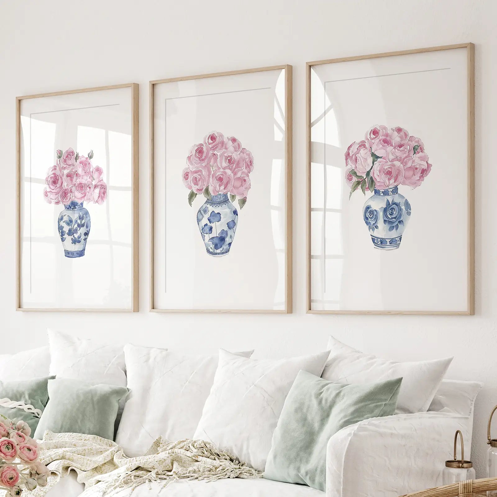 China Vase Decor Botanical Wall Art Posters. Thinwood Frames with Mat Over the Couch.