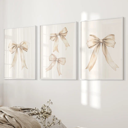 Girly Room Decor Balletcore Print Cute Bows Wall Art. White Frames Above the Bed.