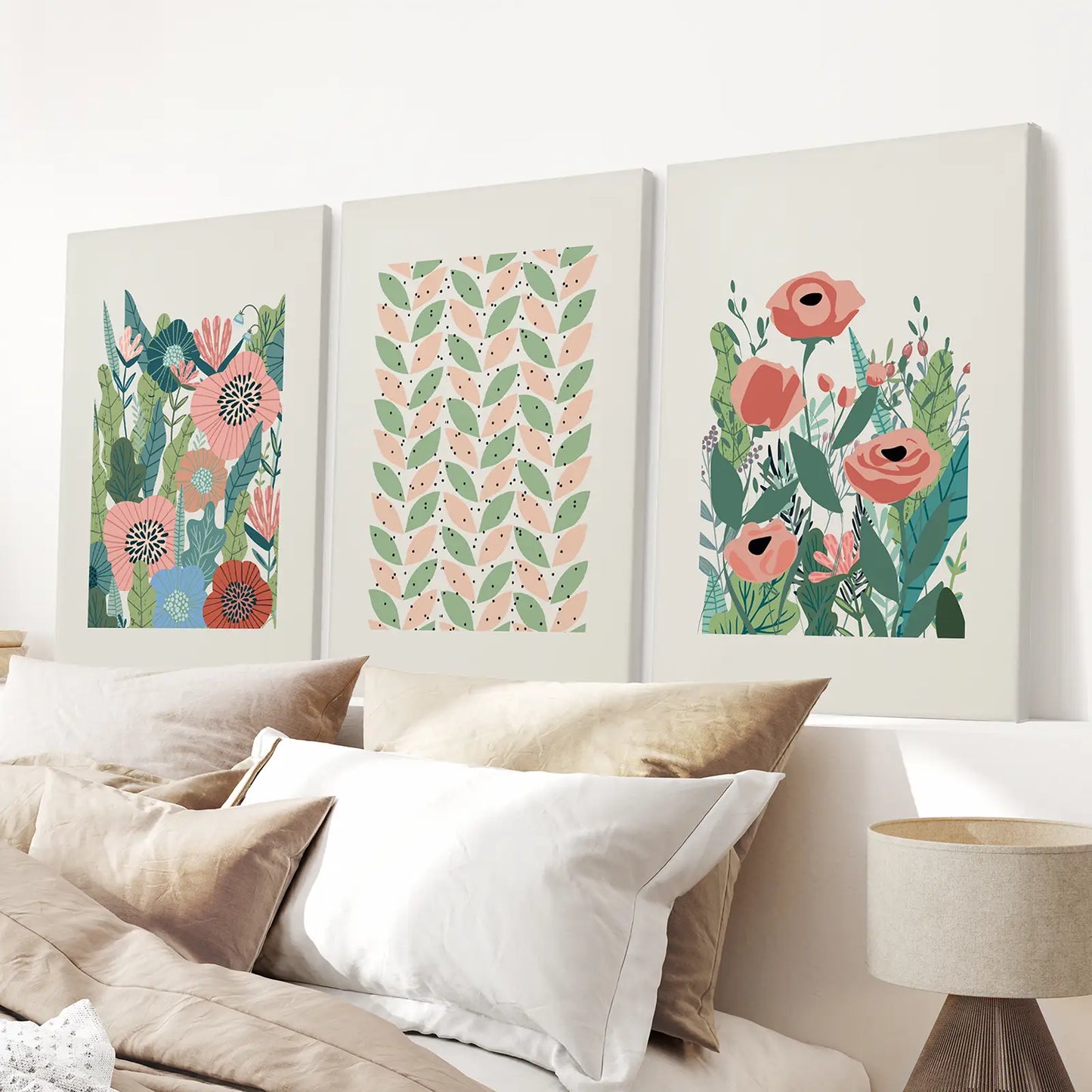 Colorful Meadow Flowers Modern Wall Art. Wrapped Canvas Over the Bed.