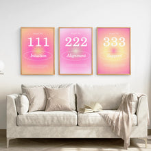 Load image into Gallery viewer, Girly Wall Art Decor. Pink Aura Affirmation Set Decor. Thin Wood Frames Over the Coach.
