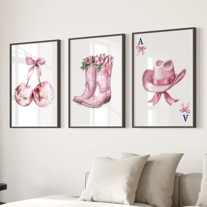 Girly Set of 3 Art Trendy Coquette Girly Wall Posters. Black Frames for Living Room.