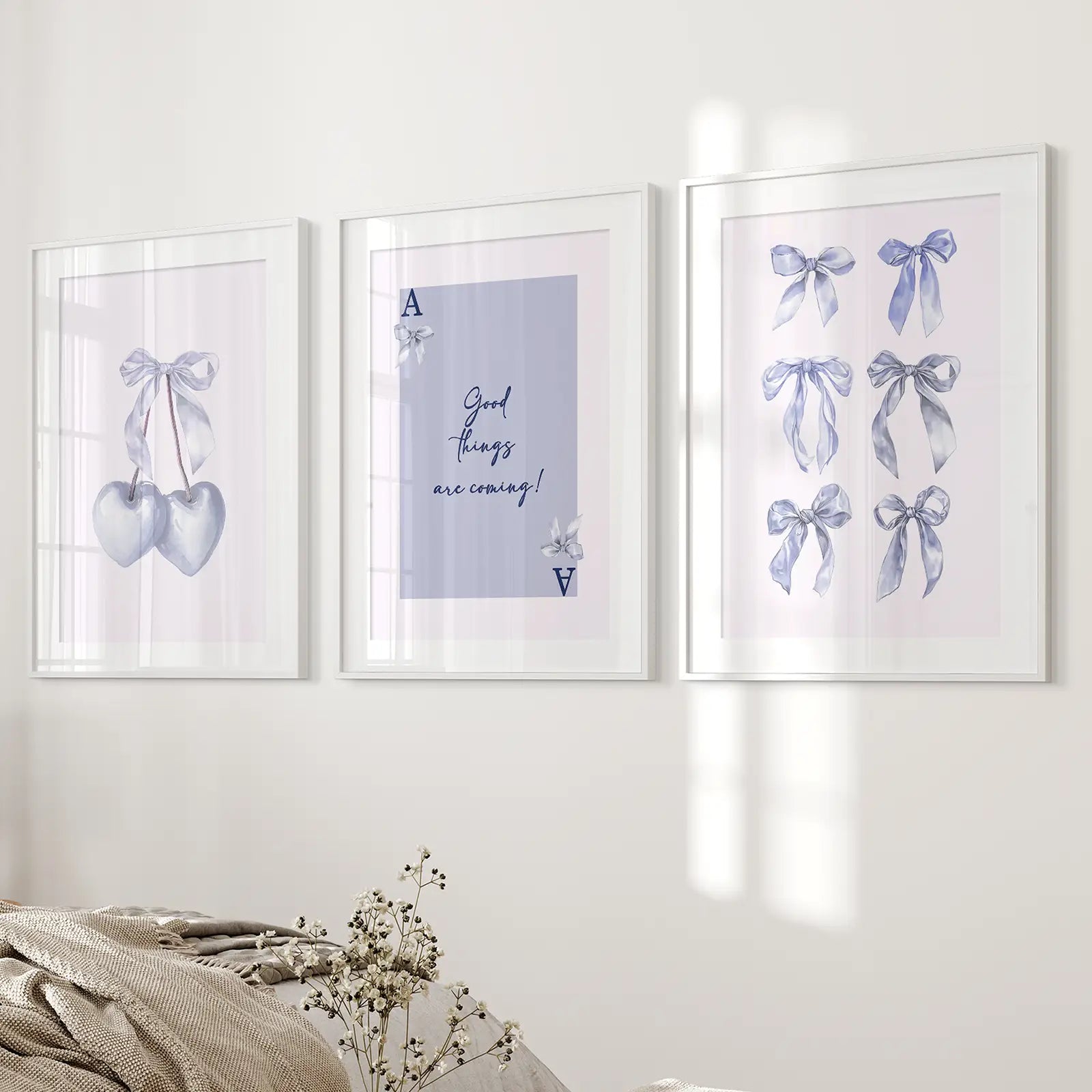 Blue Cherry Wall Art Print Trendy Apartment Decor. White Frames with Mat for Bedroom.