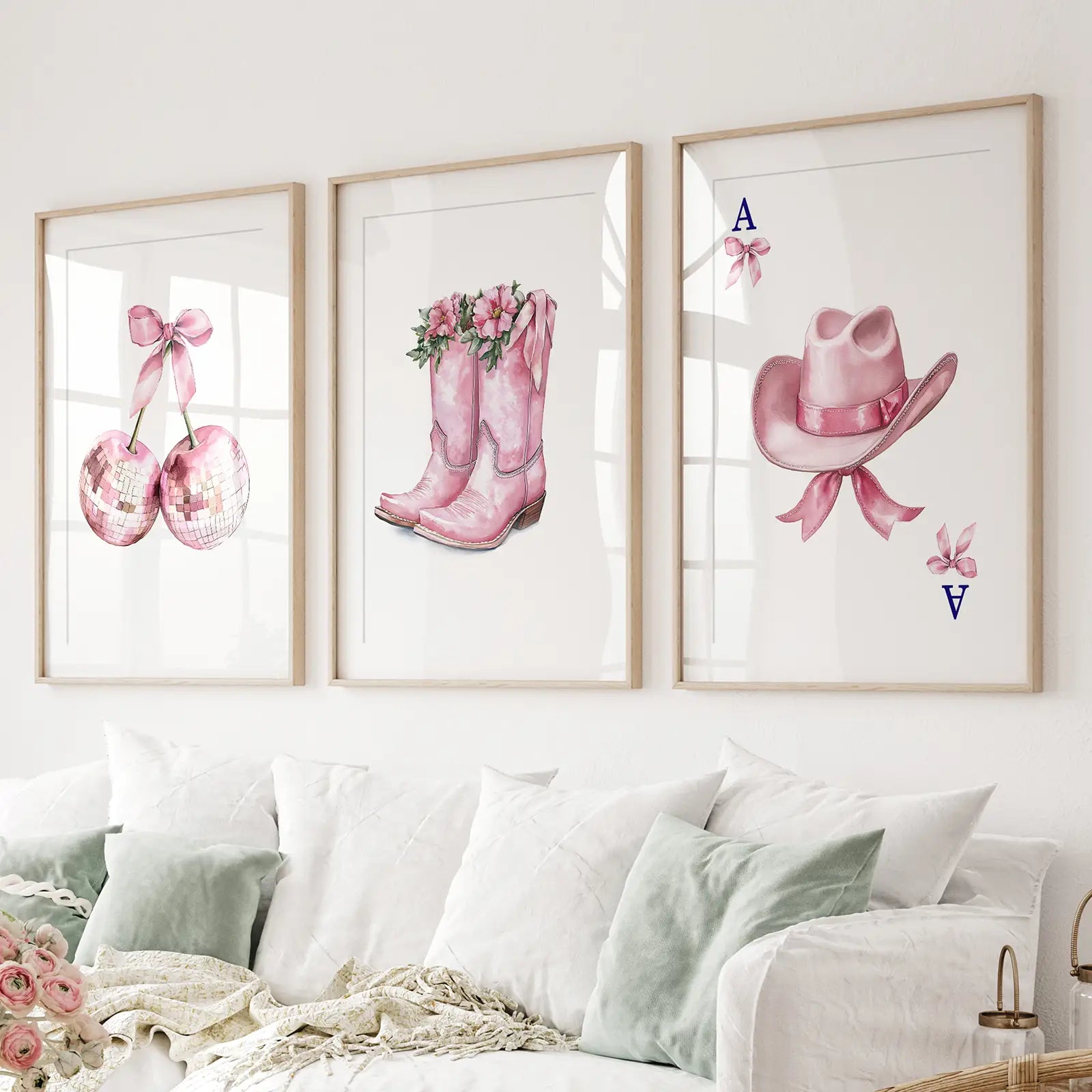 Floral Cowgirl Boots Print Dorm Room Art Decor Set. Thinwood Frames with Mat Over the Couch.