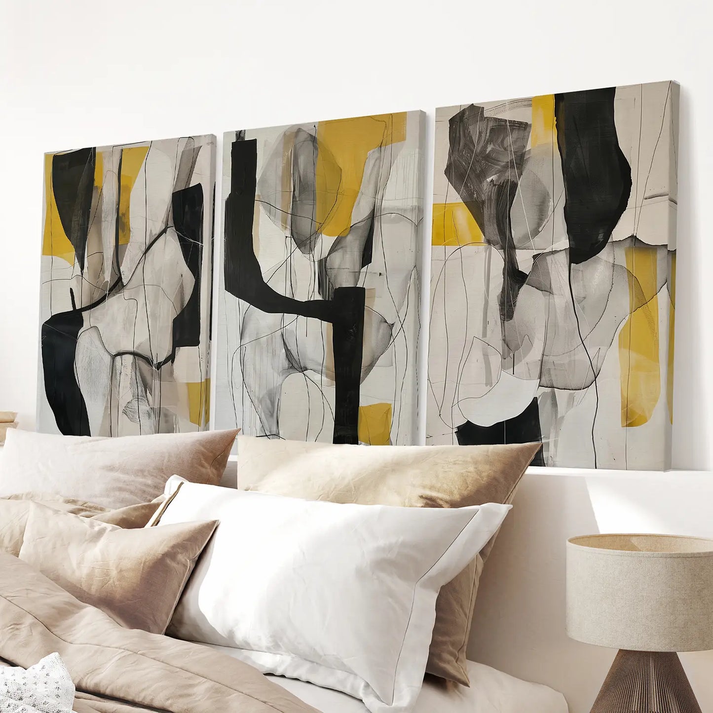 Large Gold Wall Decor Art Poster Set.Wrapped Canvas Over the Bed.