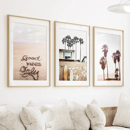 Boho Style Coastal Wall Decor. Good Vibes, Palm Trees, Surf