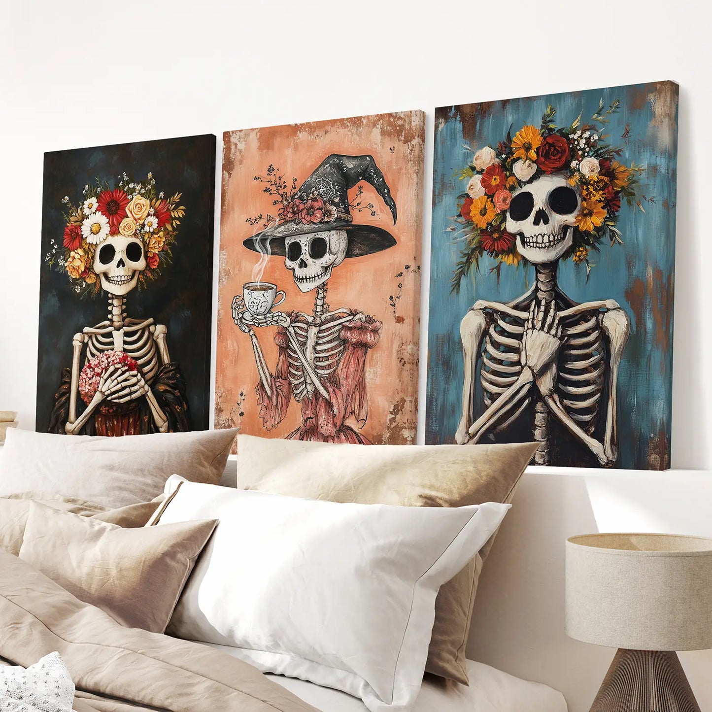 Colorful Gothic Skeleton Home Decor Print Art Set. Stretched Canvas Over the Bed.