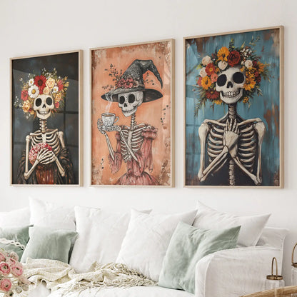 Boho Skeleton Halloween Modern Art Decor Prints. Thinwood Frames for Living Room.