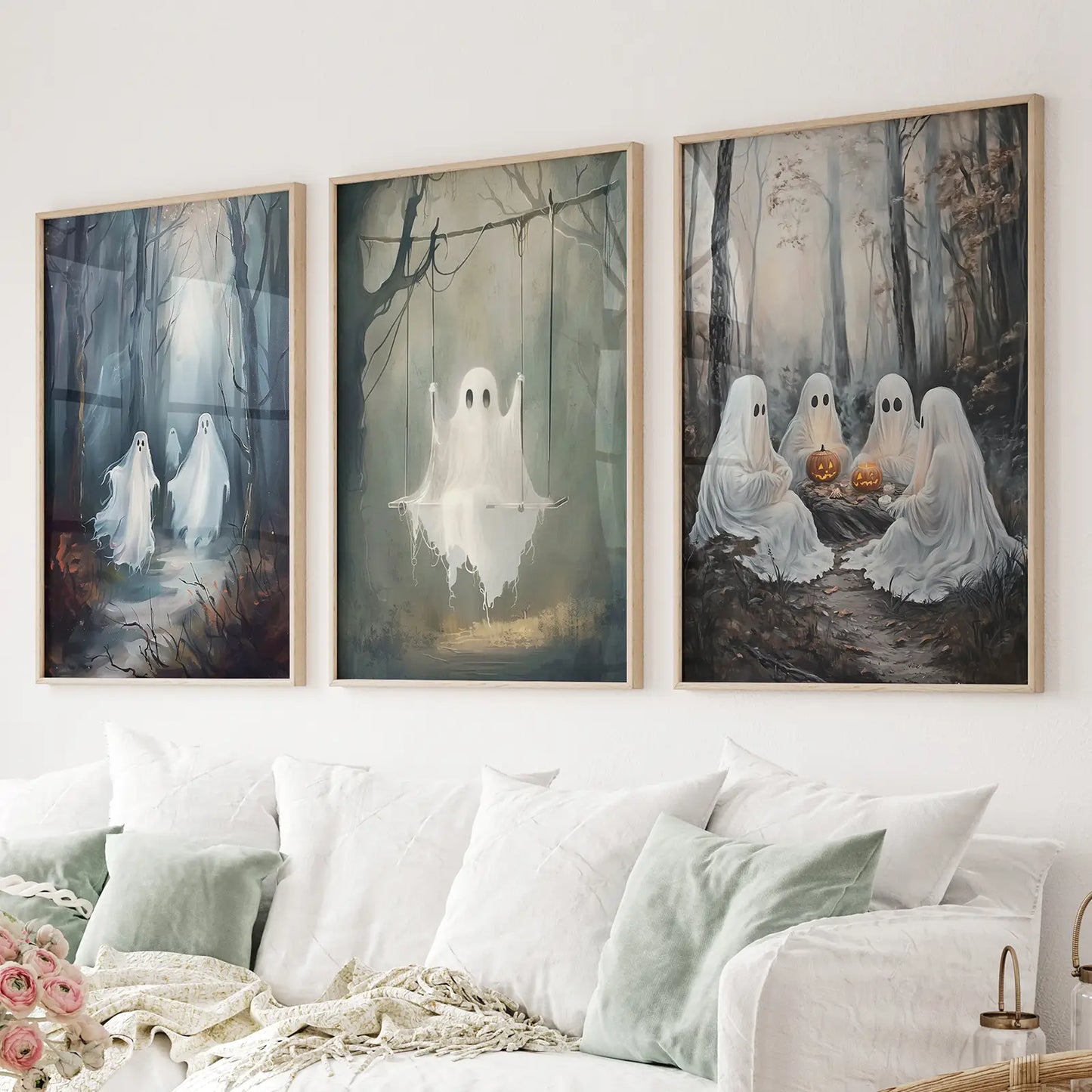 Cute Ghosts in Woods Wall Decor Print Art Set. Thinwood Frames Above the Sofa.