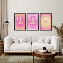 Load image into Gallery viewer, Aura Art Print 111 222 333. Aura Poster. Black Frames Above the Sofa.
