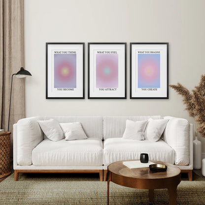 Modern Yoga Wall Art Prints. Black Frames with Mat Over the Coach.