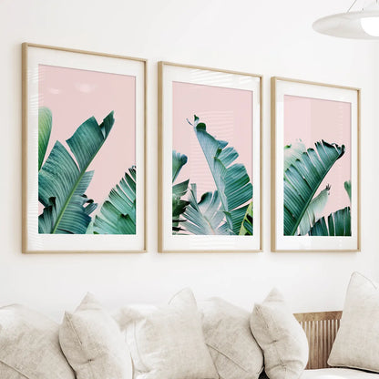 Green Banana Leaves on Pink. Tropical Triptych